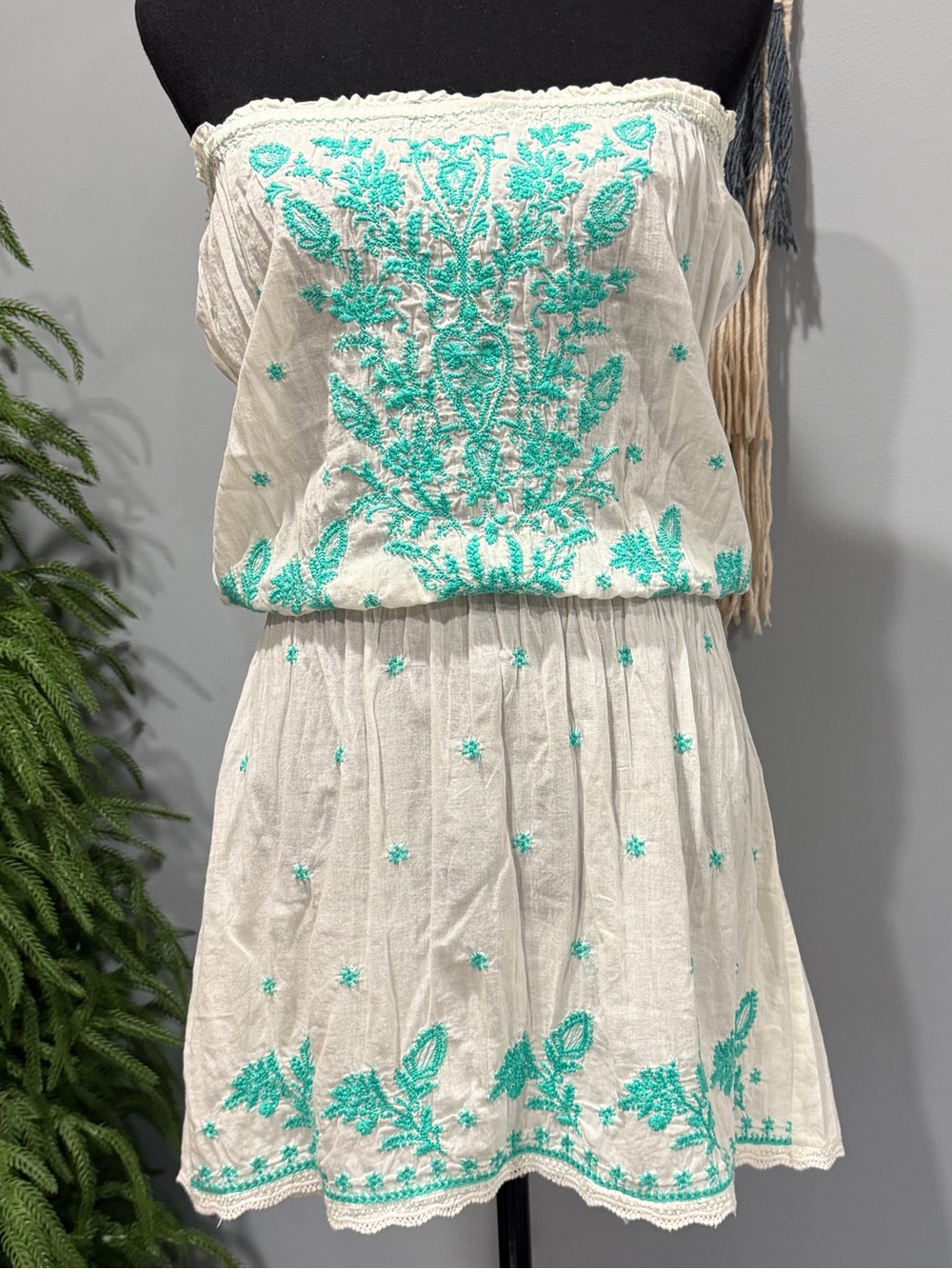 Star Mela Embroidered Strapless Mini Dress White Aqua Boho Beach Cover Up Size S